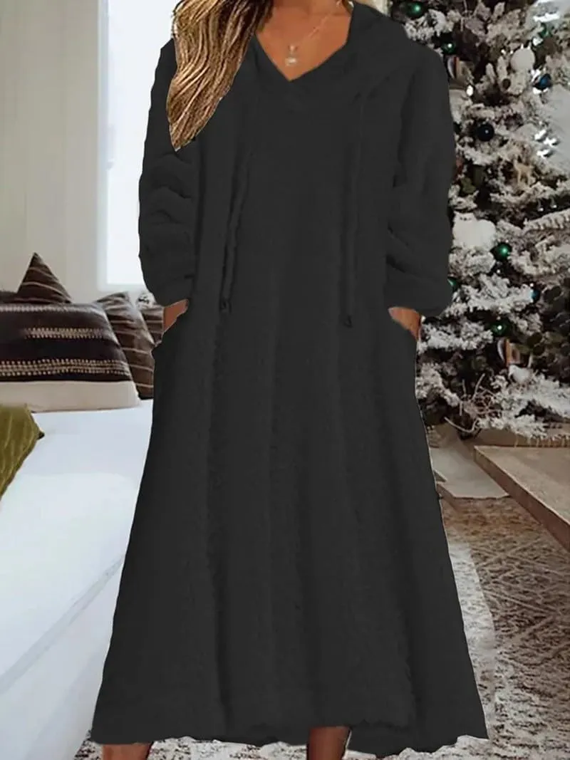 Akivide Women Fall Winter Fuzzy Fleece Long Dress Casual Oversized Long Sleeve Pullover Hooded Jackets with Pockets