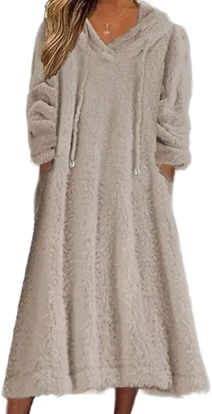 Akivide Women Fall Winter Fuzzy Fleece Long Dress Casual Oversized Long Sleeve Pullover Hooded Jackets with Pockets