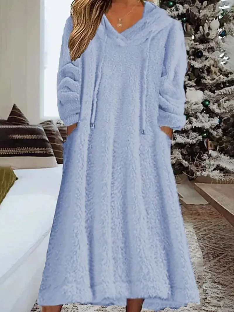 Akivide Women Fall Winter Fuzzy Fleece Long Dress Casual Oversized Long Sleeve Pullover Hooded Jackets with Pockets
