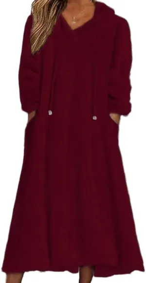 Akivide Women Fall Winter Fuzzy Fleece Long Dress Casual Oversized Long Sleeve Pullover Hooded Jackets with Pockets