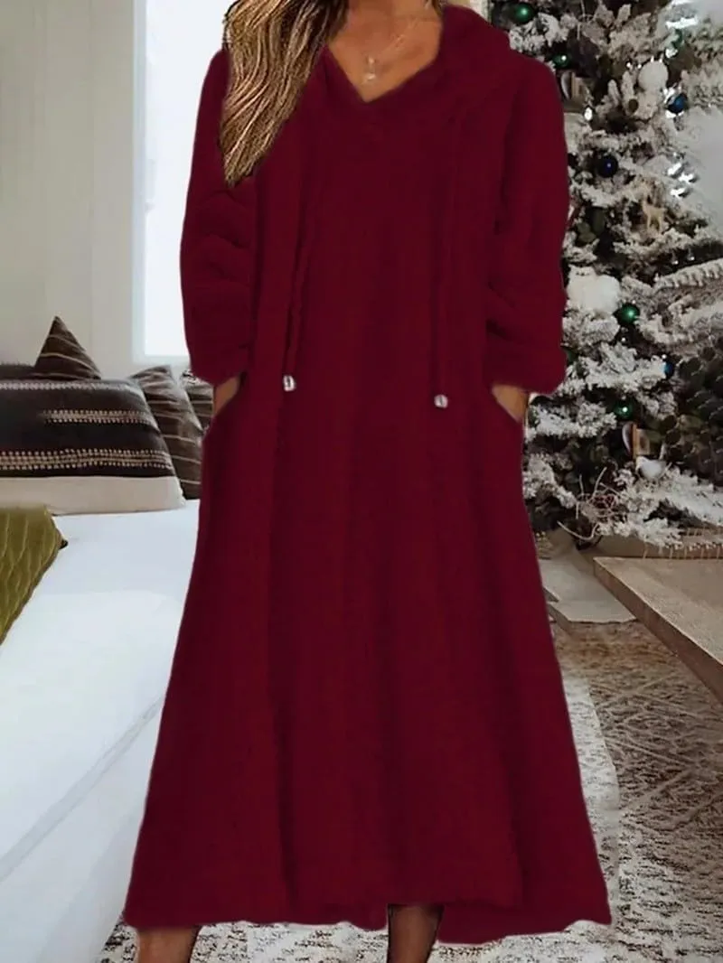 Akivide Women Fall Winter Fuzzy Fleece Long Dress Casual Oversized Long Sleeve Pullover Hooded Jackets with Pockets