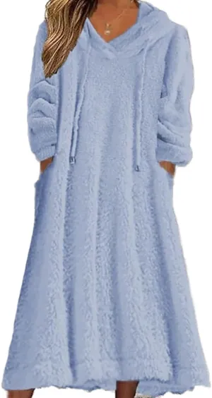 Akivide Women Fall Winter Fuzzy Fleece Long Dress Casual Oversized Long Sleeve Pullover Hooded Jackets with Pockets