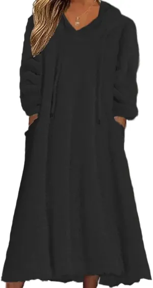 Akivide Women Fall Winter Fuzzy Fleece Long Dress Casual Oversized Long Sleeve Pullover Hooded Jackets with Pockets