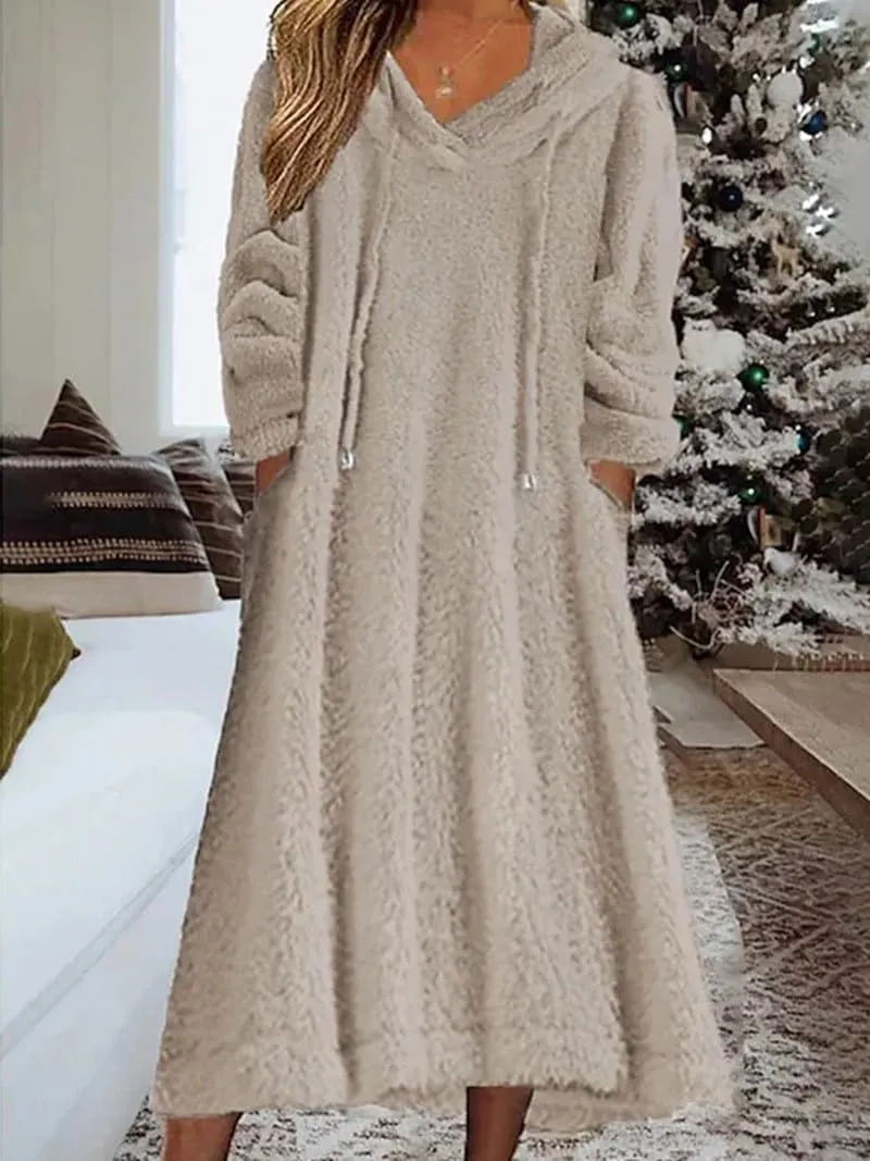 Akivide Women Fall Winter Fuzzy Fleece Long Dress Casual Oversized Long Sleeve Pullover Hooded Jackets with Pockets