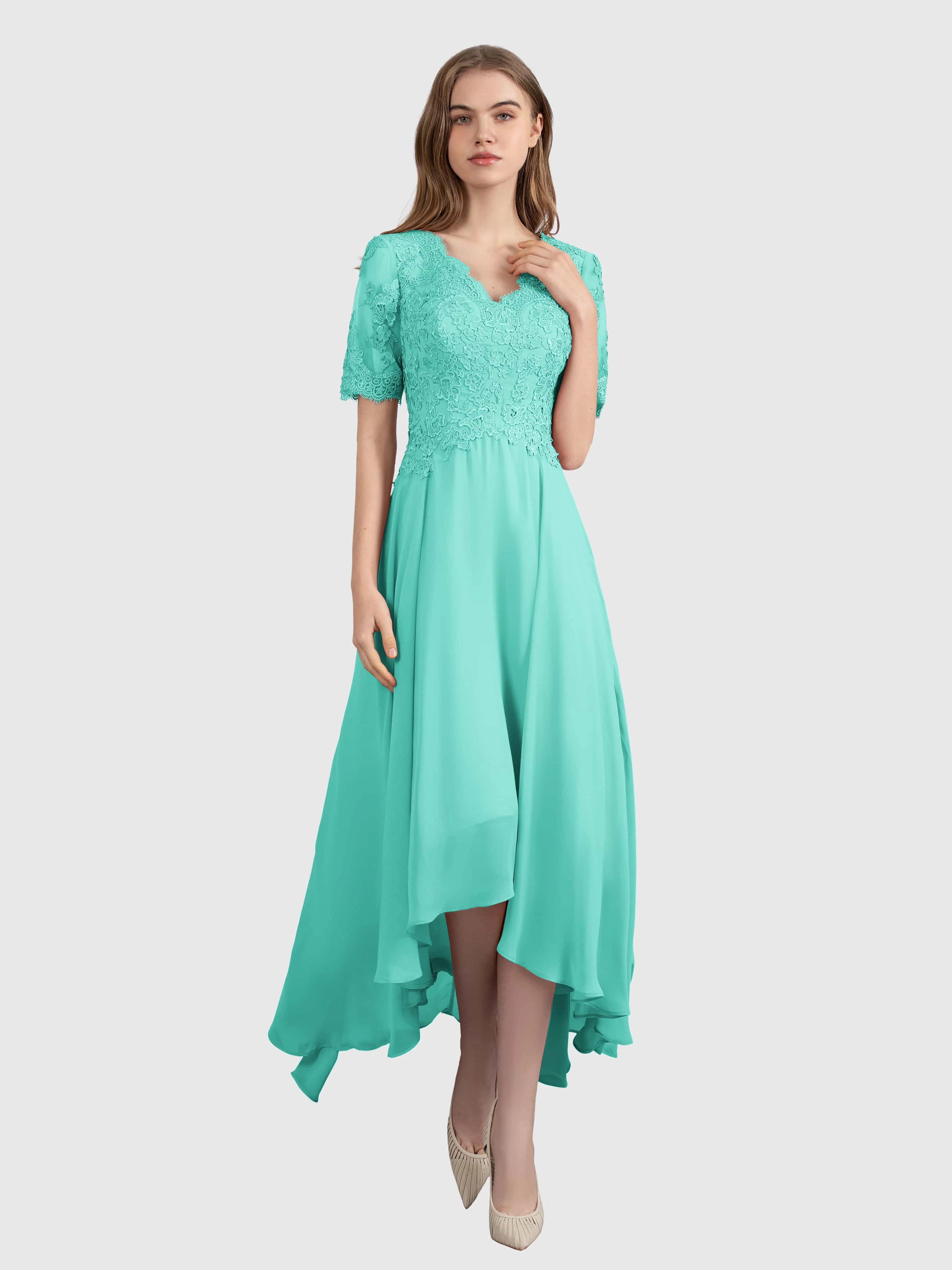 Amelia Chic Asymmetrical Short Sleeves Bridesmaid Dresses