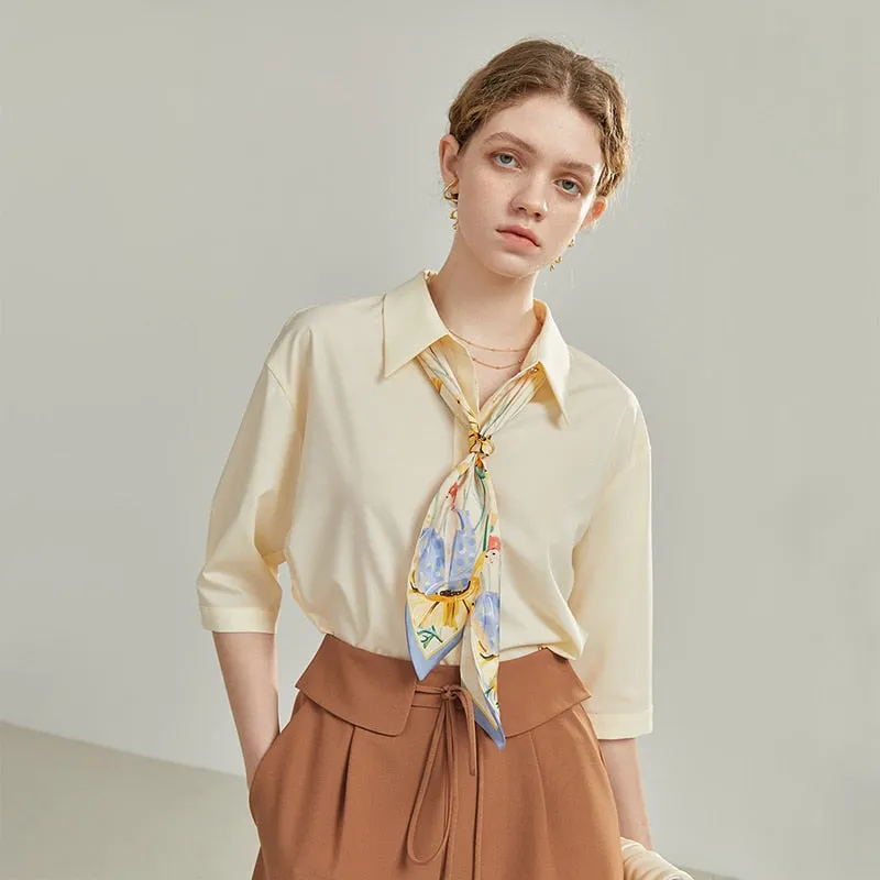 Amozae- French Seven Sleeve Shirt Women's Summer 2024 New Solid Color Professional Polo-Neck Causal Lightweight Women Shirt