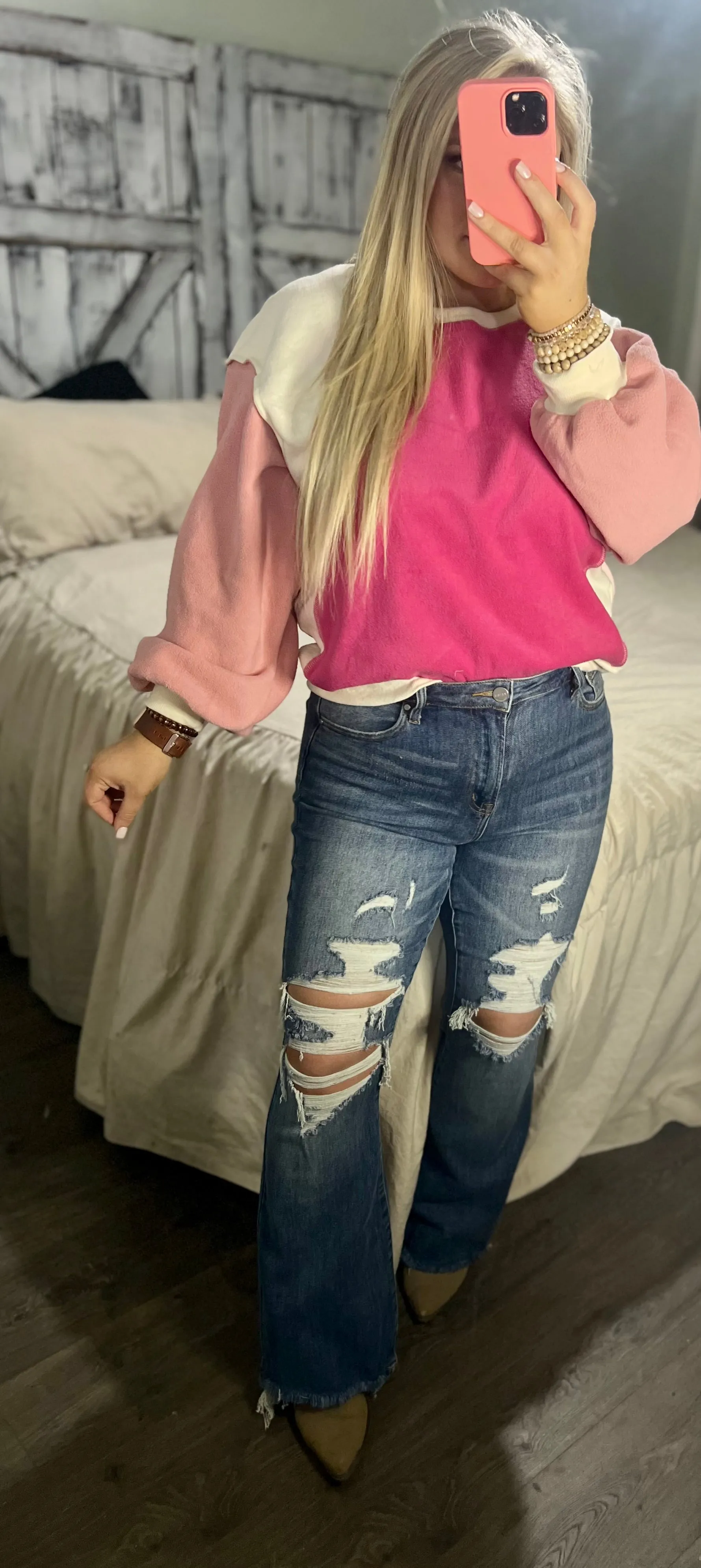 Barbie pink Casual Seam out Pullover Sweatshirt