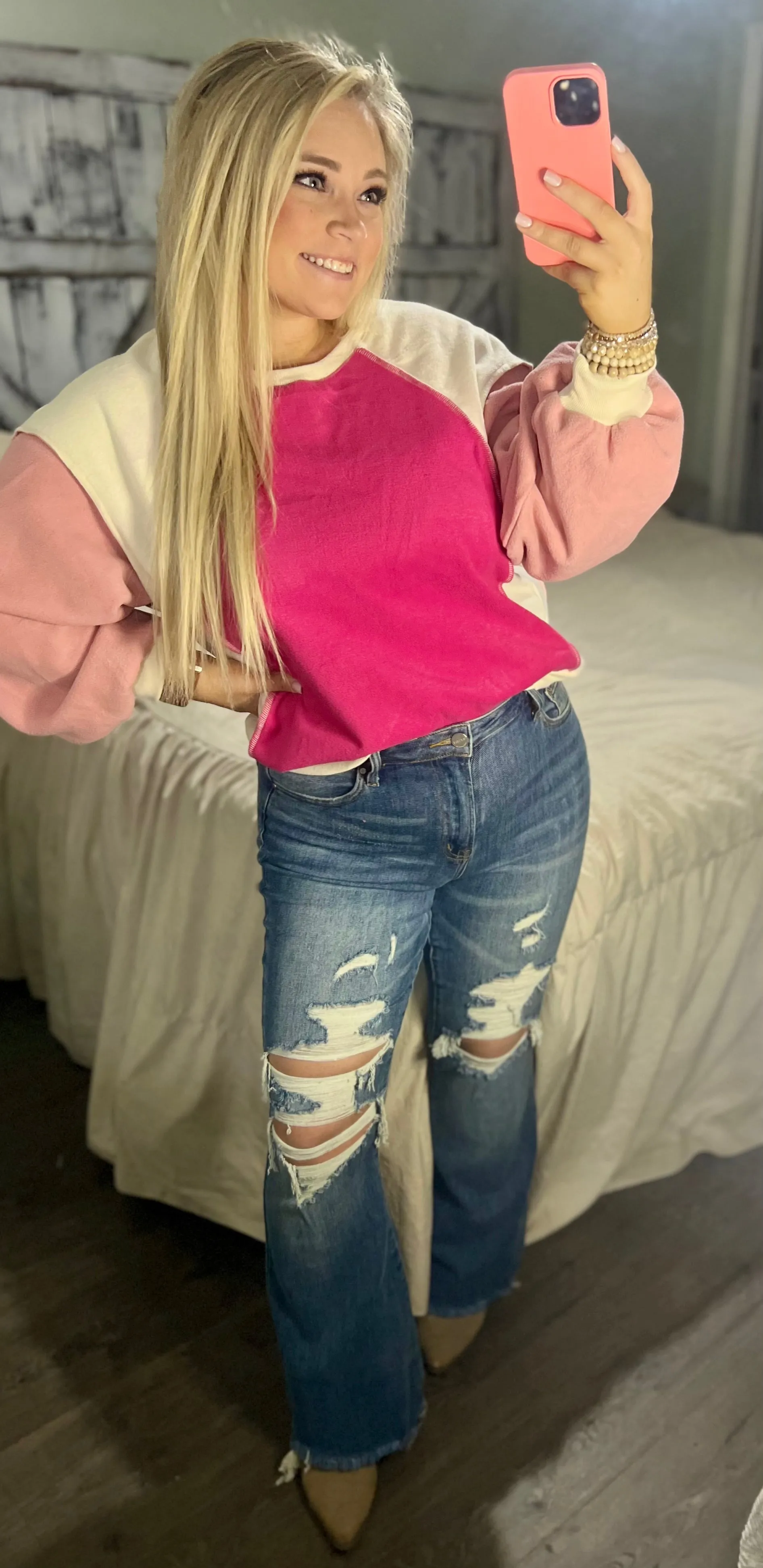 Barbie pink Casual Seam out Pullover Sweatshirt