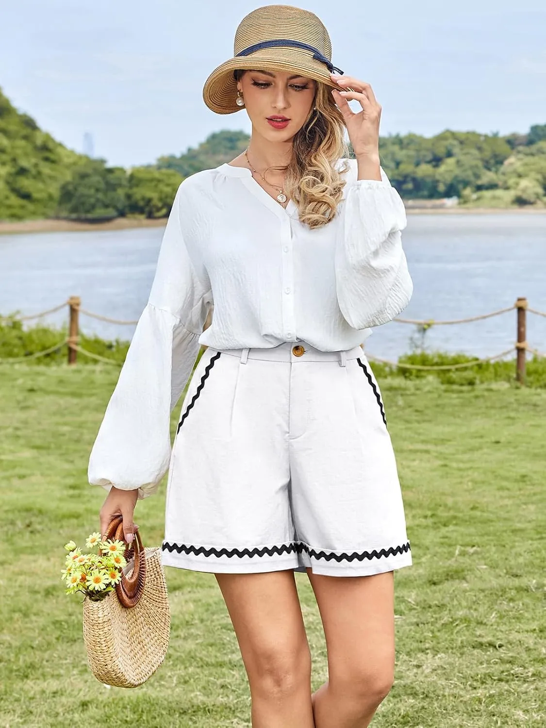 Belle Poque Bermuda Shorts for Women Trendy High Waisted Wide Leg Pleated Tailored Workout Dressy Cotton Trouser Shorts