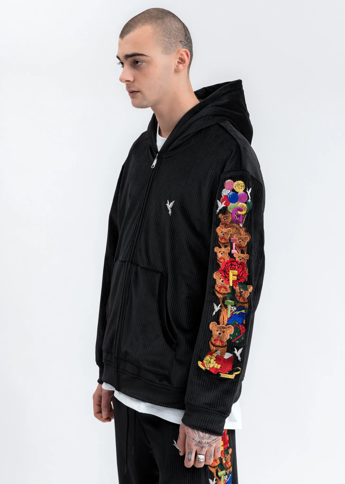 Black Chaos Embroidery Comfy Zip Up Hoodie