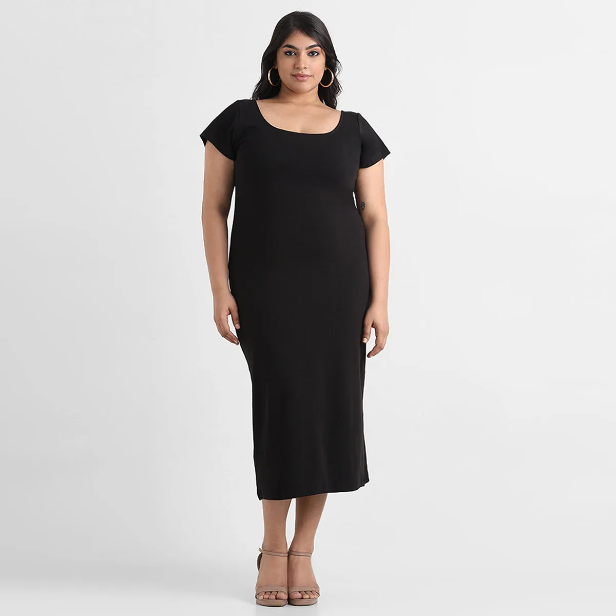 Black cotton rib plus size cap sleeves bodycon midi dress