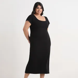 Black cotton rib plus size cap sleeves bodycon midi dress