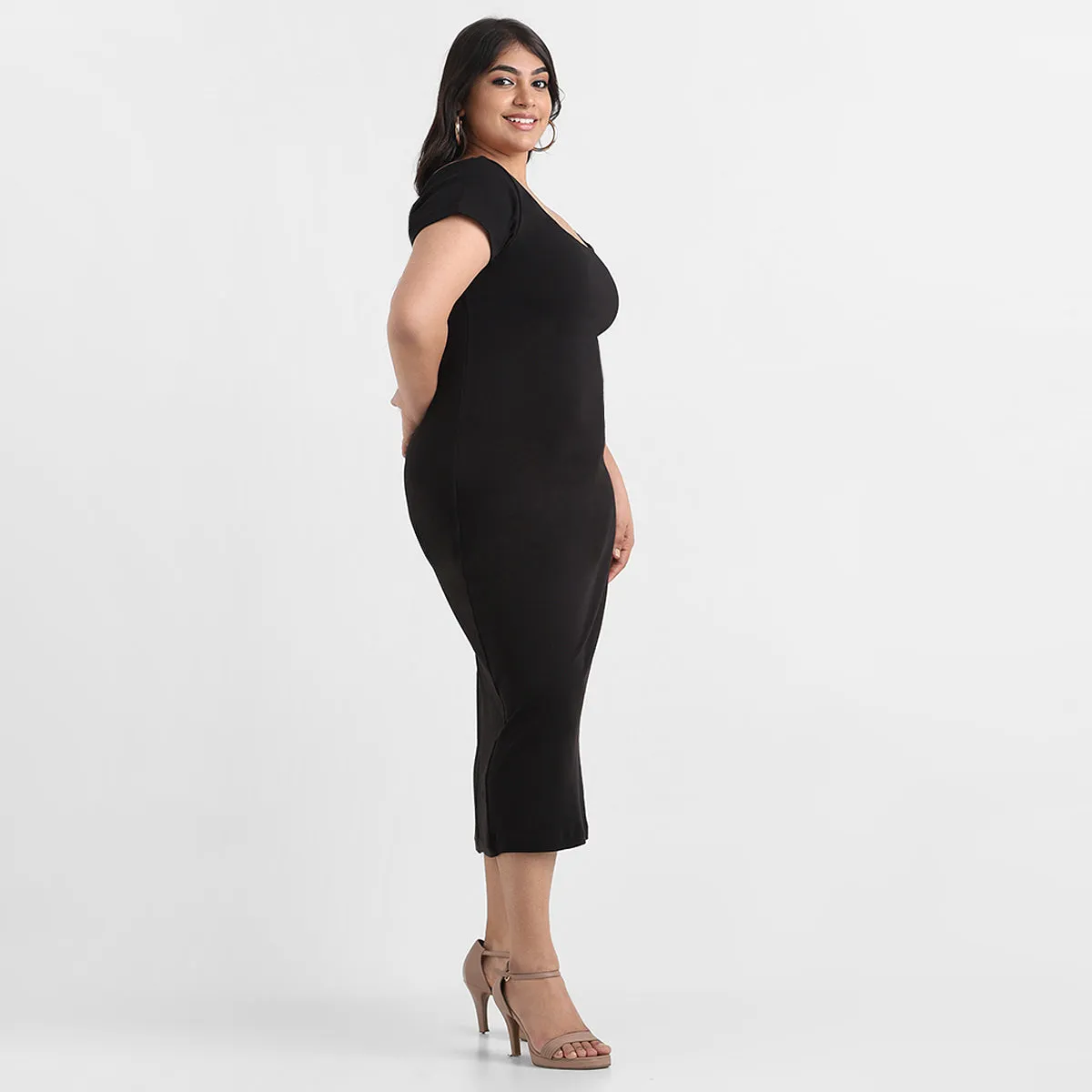 Black cotton rib plus size cap sleeves bodycon midi dress