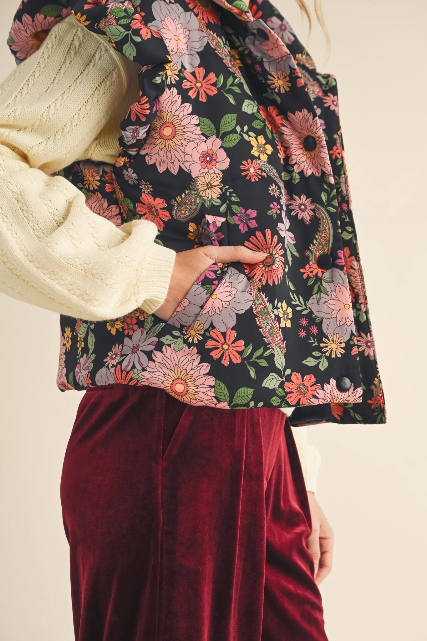 Black Floral Puff Vest