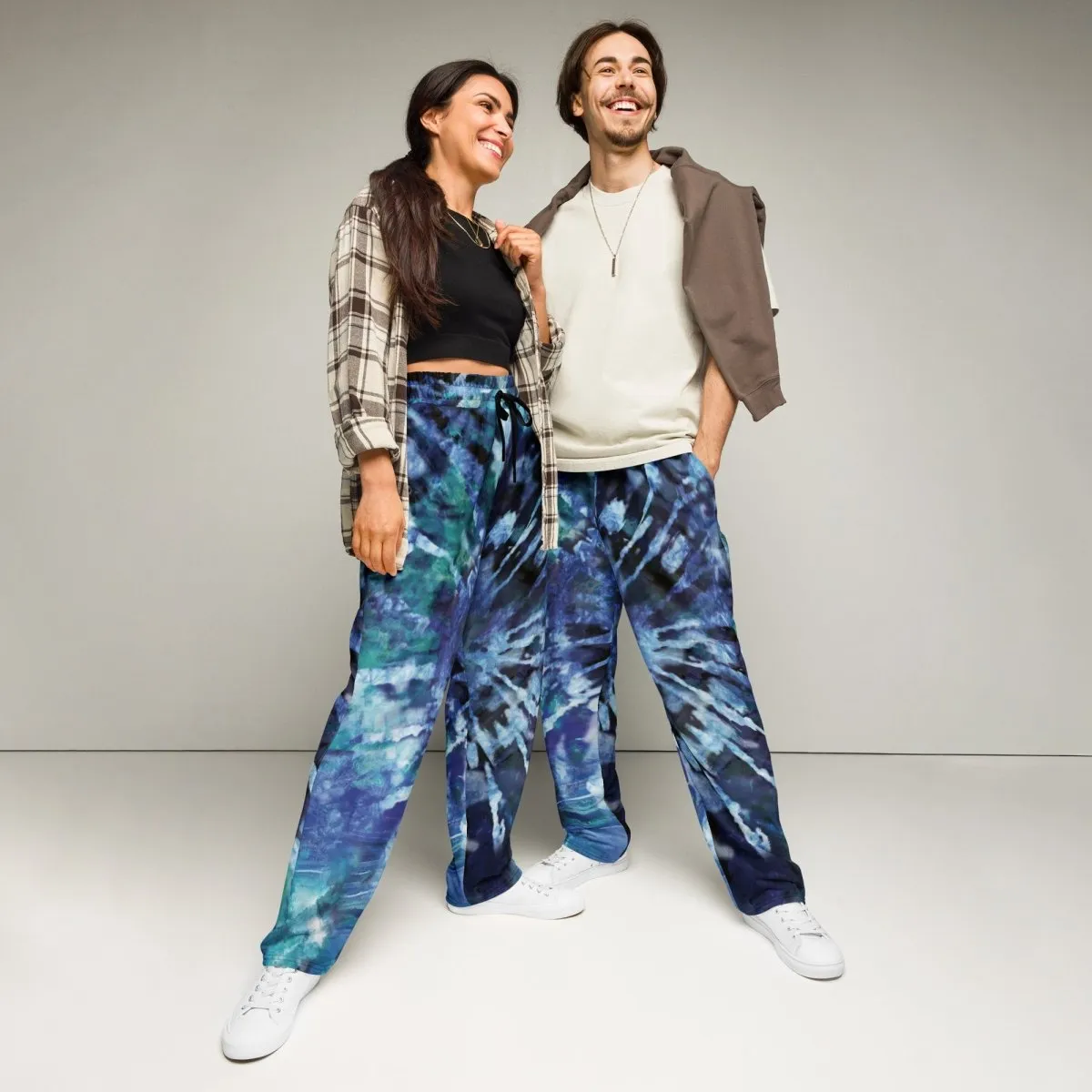 Blue Tie-Dye Eco-Friendly Joggers – Retro Wide-Leg Style 2XS-6XL
