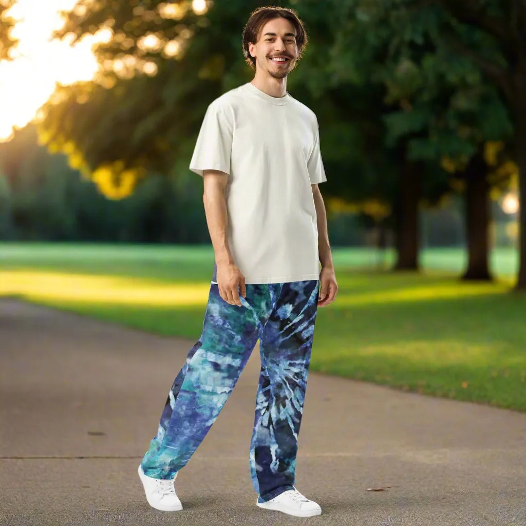Blue Tie-Dye Eco-Friendly Joggers – Retro Wide-Leg Style 2XS-6XL