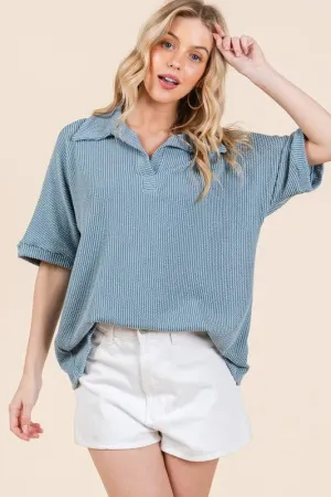 BOMBOM Ribbed Collared Neck Top In Denim