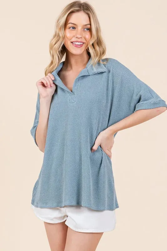 BOMBOM Ribbed Collared Neck Top In Denim
