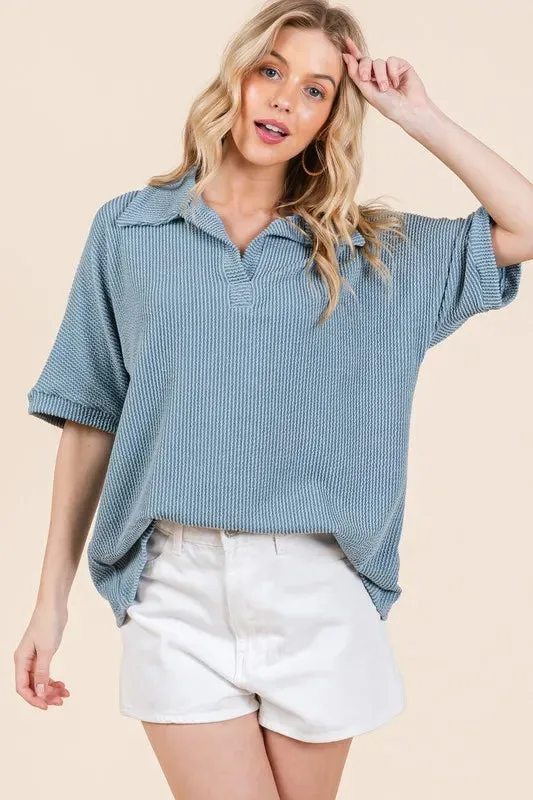 BOMBOM Ribbed Collared Neck Top In Denim