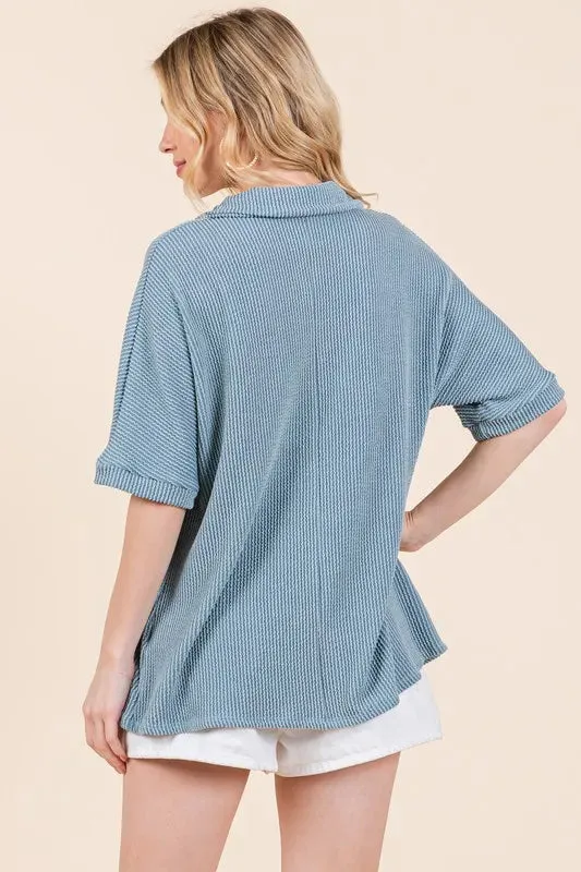 BOMBOM Ribbed Collared Neck Top In Denim