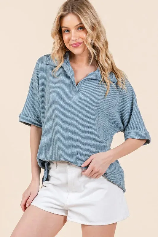 BOMBOM Ribbed Collared Neck Top In Denim