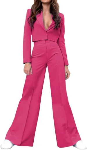 Business Casual Blazer Set for Women Sexy Low Cut V-Neck Crop Blazers High Waist Wide Leg Flare Trousers 2 Piece Suit