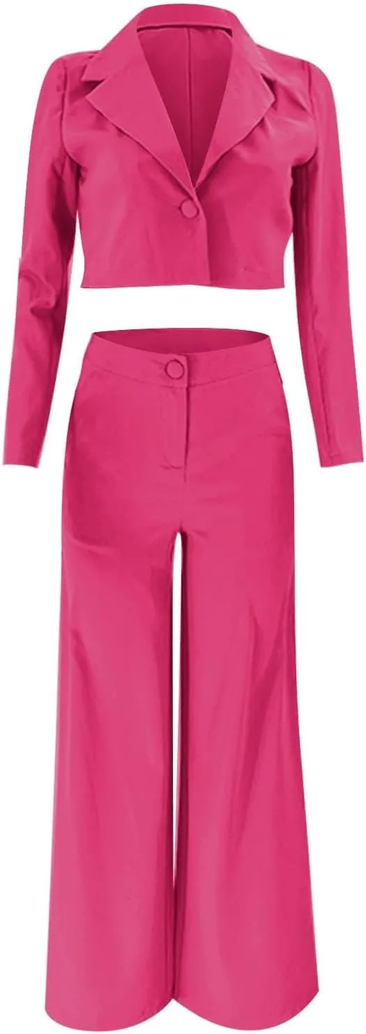 Business Casual Blazer Set for Women Sexy Low Cut V-Neck Crop Blazers High Waist Wide Leg Flare Trousers 2 Piece Suit