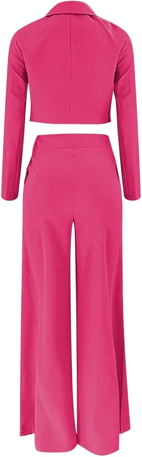 Business Casual Blazer Set for Women Sexy Low Cut V-Neck Crop Blazers High Waist Wide Leg Flare Trousers 2 Piece Suit