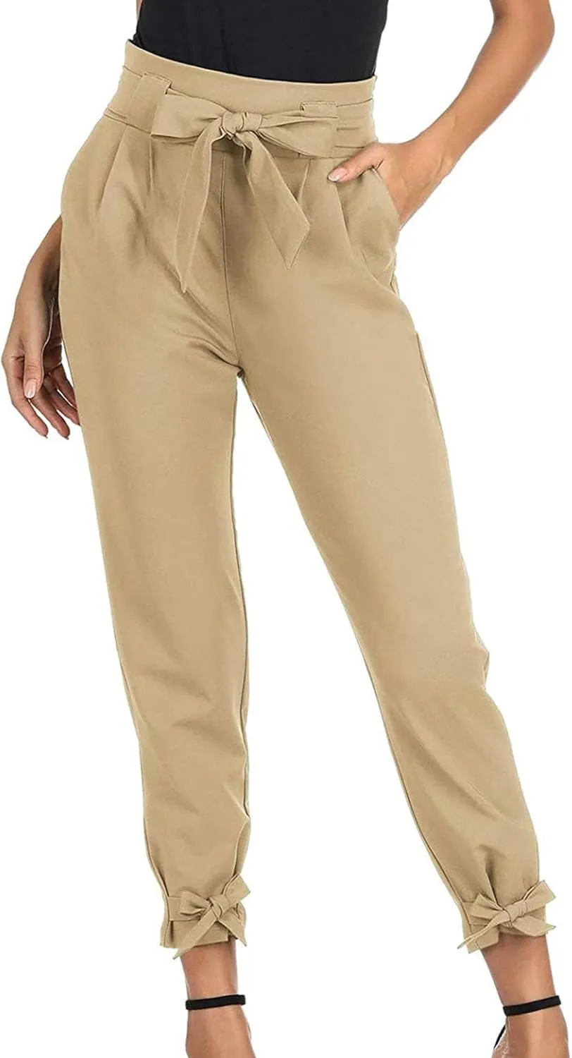 Business Casual Outfits for Women High Waist Pencil Pants with Pockets Bow-Knot Cropped Paper Bag Pants for Work