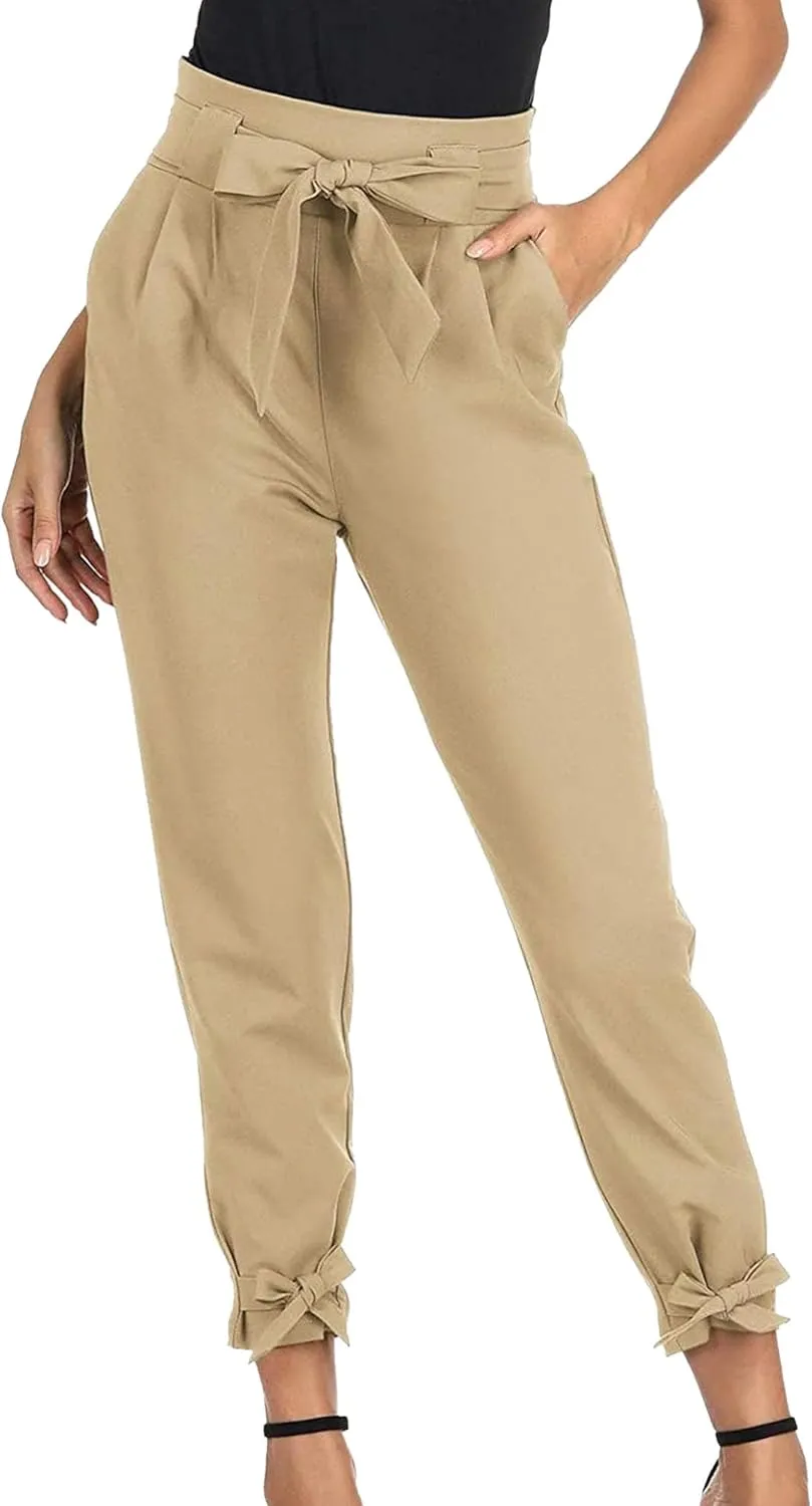 Business Casual Outfits for Women High Waist Pencil Pants with Pockets Bow-Knot Cropped Paper Bag Pants for Work