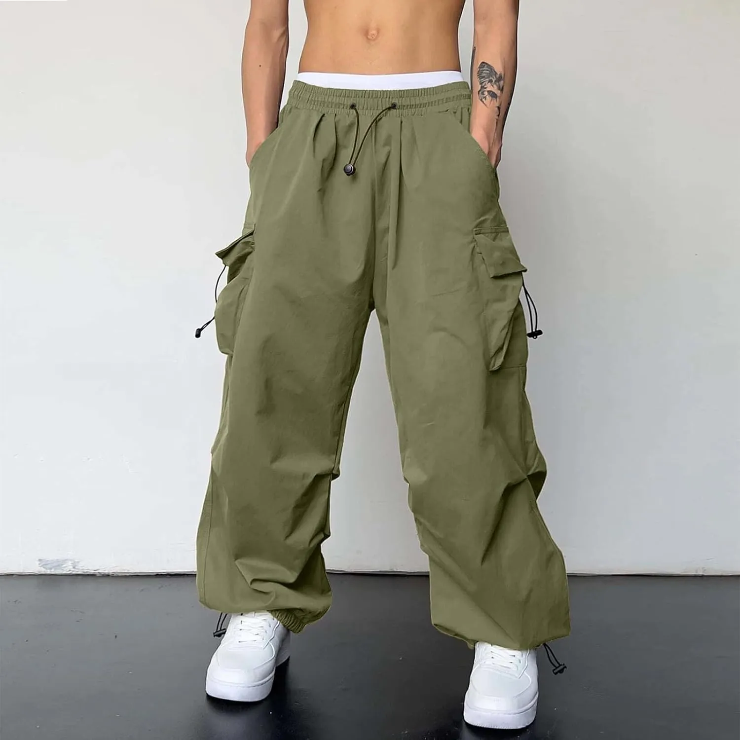 Cargo Pant for Men Drawstring Elastic Waist Multi Pockets Casual Stretch Combat Work Pants