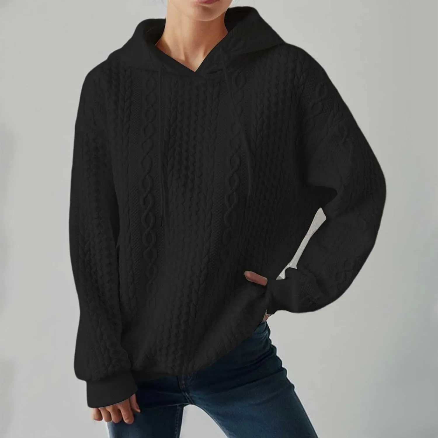 Casual Sweatshirt for Women Crewneck Pullover Tops Solid Jacquard Drawstring Hoodies Fall Loose Long Sleeve Blouse