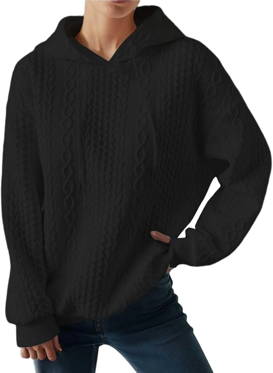Casual Sweatshirt for Women Crewneck Pullover Tops Solid Jacquard Drawstring Hoodies Fall Loose Long Sleeve Blouse