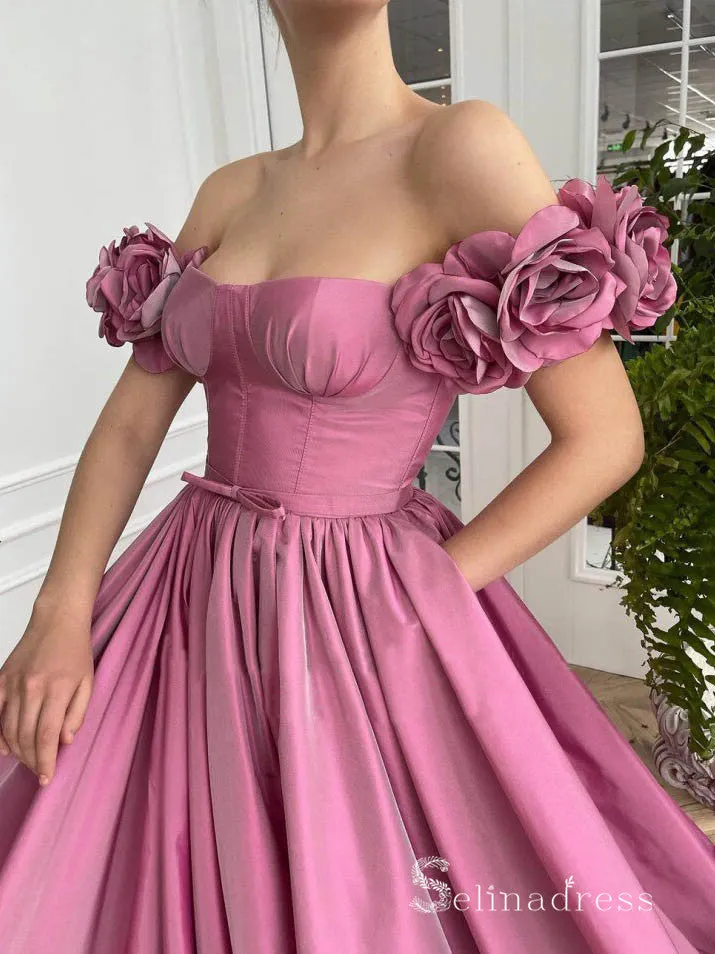 Chic A-line Off-the-shoulder Long Prom Dresses With Floral Cheap Evening Dress MHL185