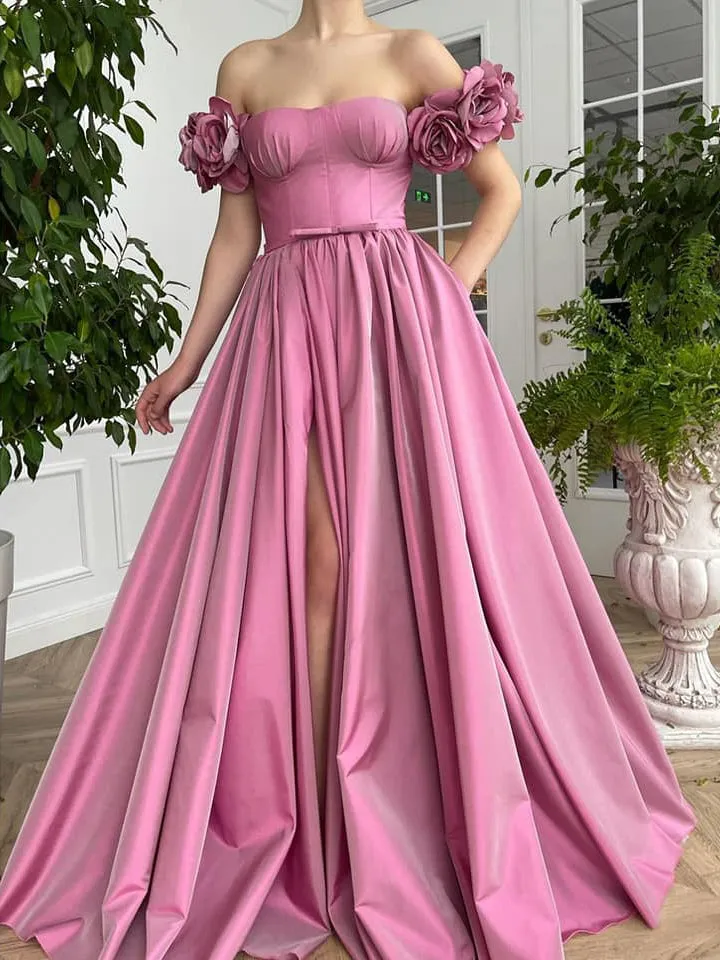 Chic A-line Off-the-shoulder Long Prom Dresses With Floral Cheap Evening Dress MHL185