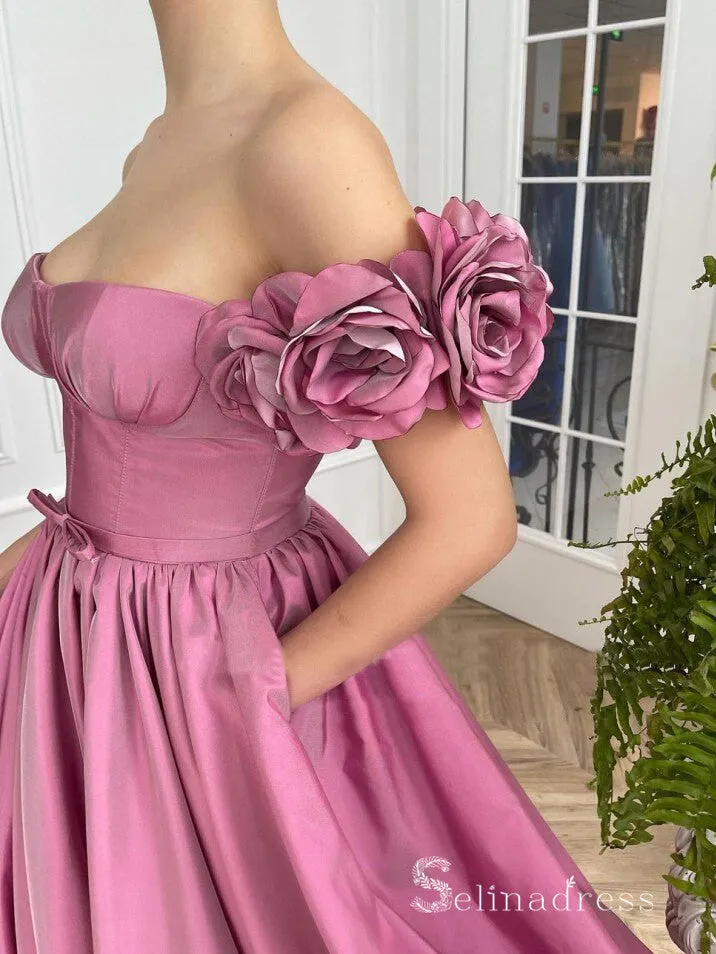 Chic A-line Off-the-shoulder Long Prom Dresses With Floral Cheap Evening Dress MHL185