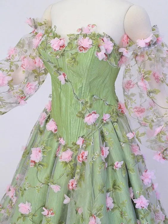 Chic A-line Off-the-shoulder Long Sleeve Prom Dresses Beautiful Pink Flower Evening Formal Dresses kts065