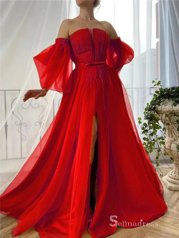 Chic A-line Off-the-Shoulder Tulle Long Prom Dress Cheap Evening Dresses MHL172