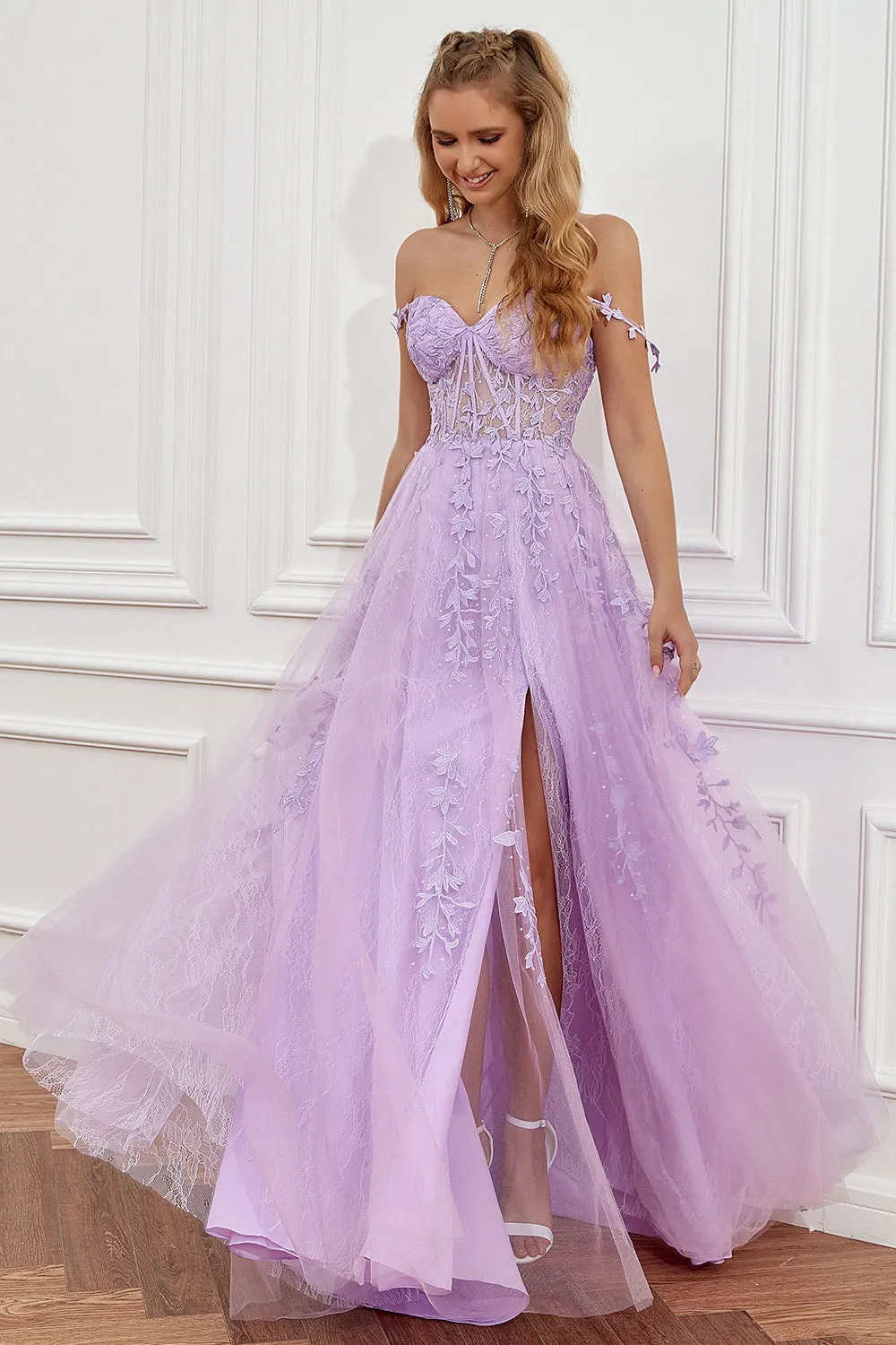 Chic A-Line Spaghetti Straps Hot Pink Applique Lace Prom Dress Elegant Party Dress #LOP001