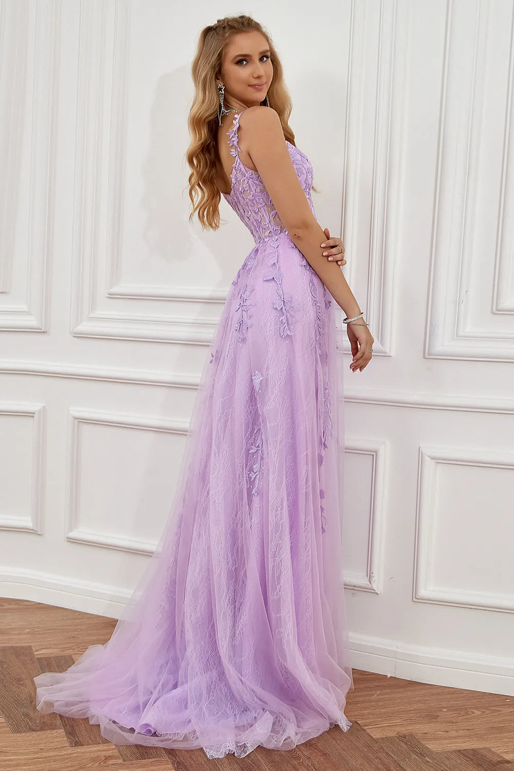 Chic A-Line Spaghetti Straps Hot Pink Applique Lace Prom Dress Elegant Party Dress #LOP001