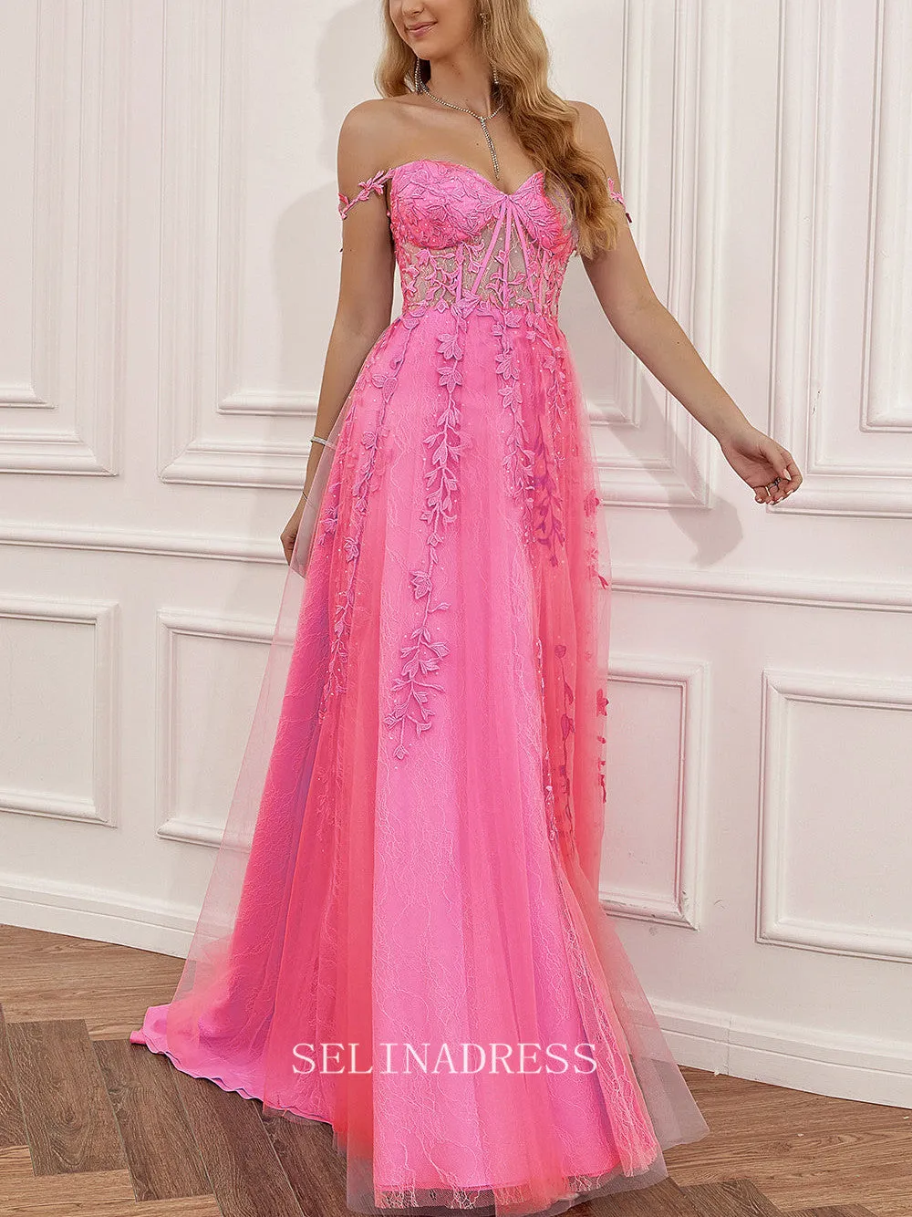 Chic A-Line Spaghetti Straps Hot Pink Applique Lace Prom Dress Elegant Party Dress #LOP001