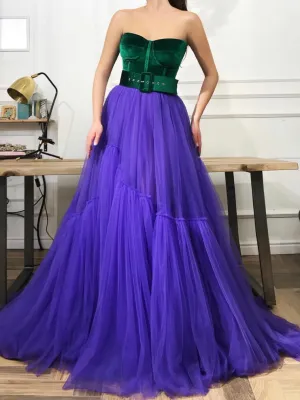Chic A-line Strapless Tulle Long Prom Dresses Blue Evening Formal Dresses KTS055