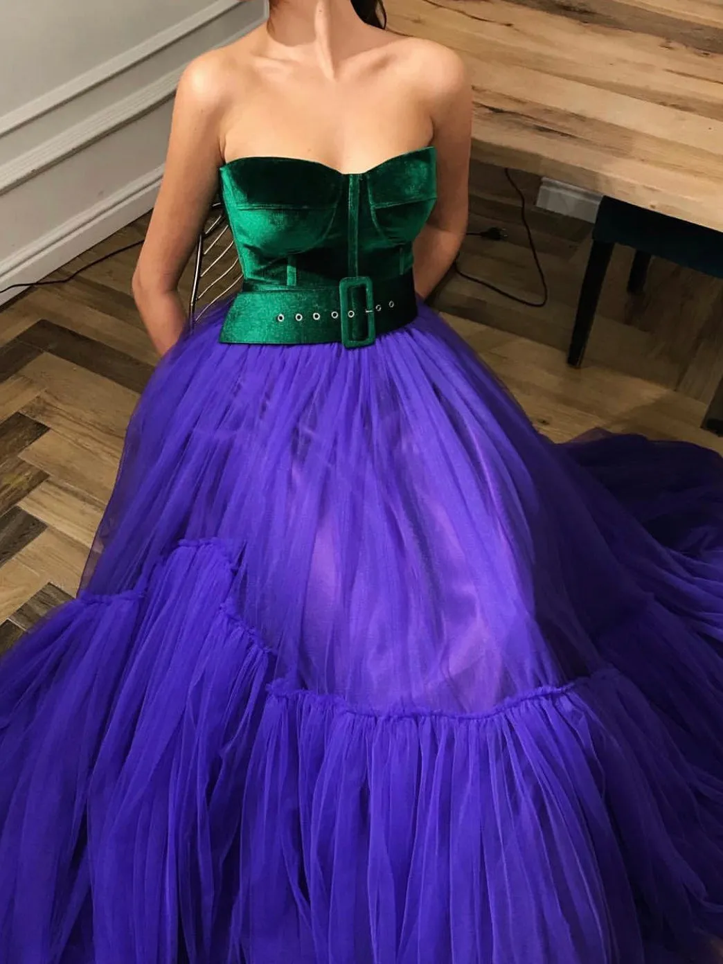 Chic A-line Strapless Tulle Long Prom Dresses Blue Evening Formal Dresses KTS055