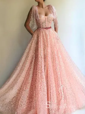 Chic A-line Straps Sparkly Long Prom Dresses Sequins Pink Evening Gowns MSL001