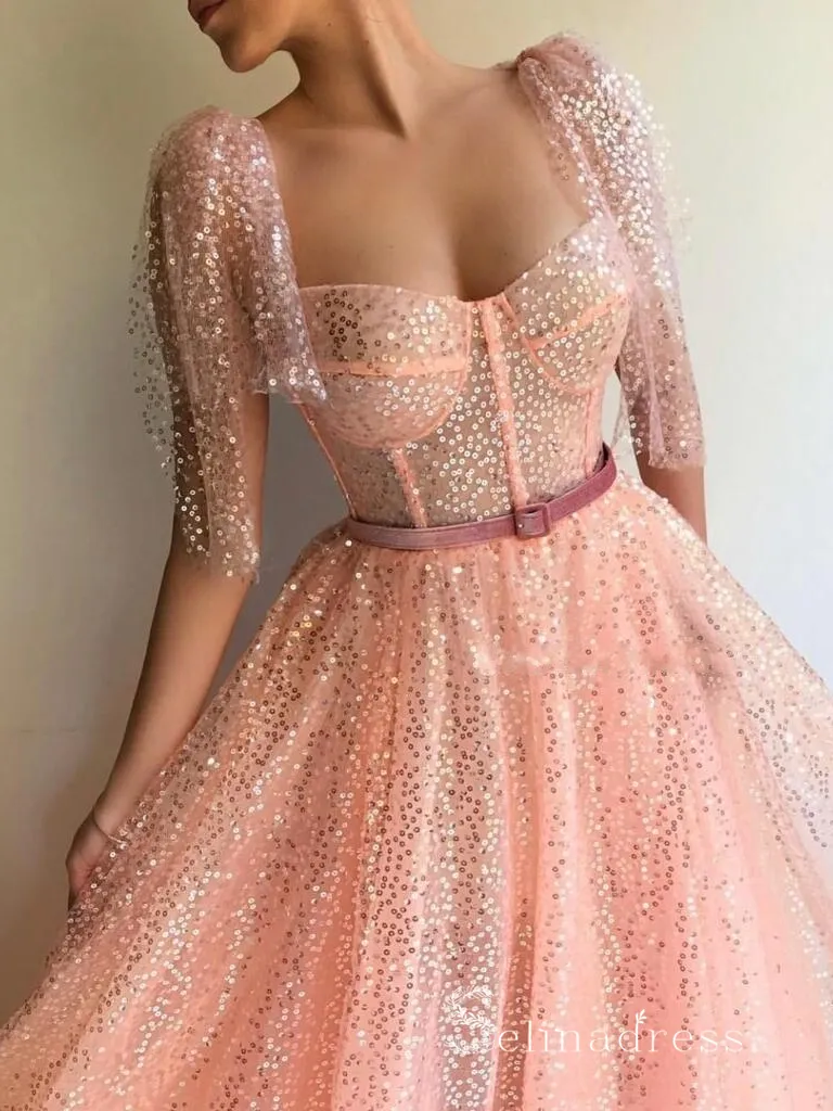 Chic A-line Straps Sparkly Long Prom Dresses Sequins Pink Evening Gowns MSL001