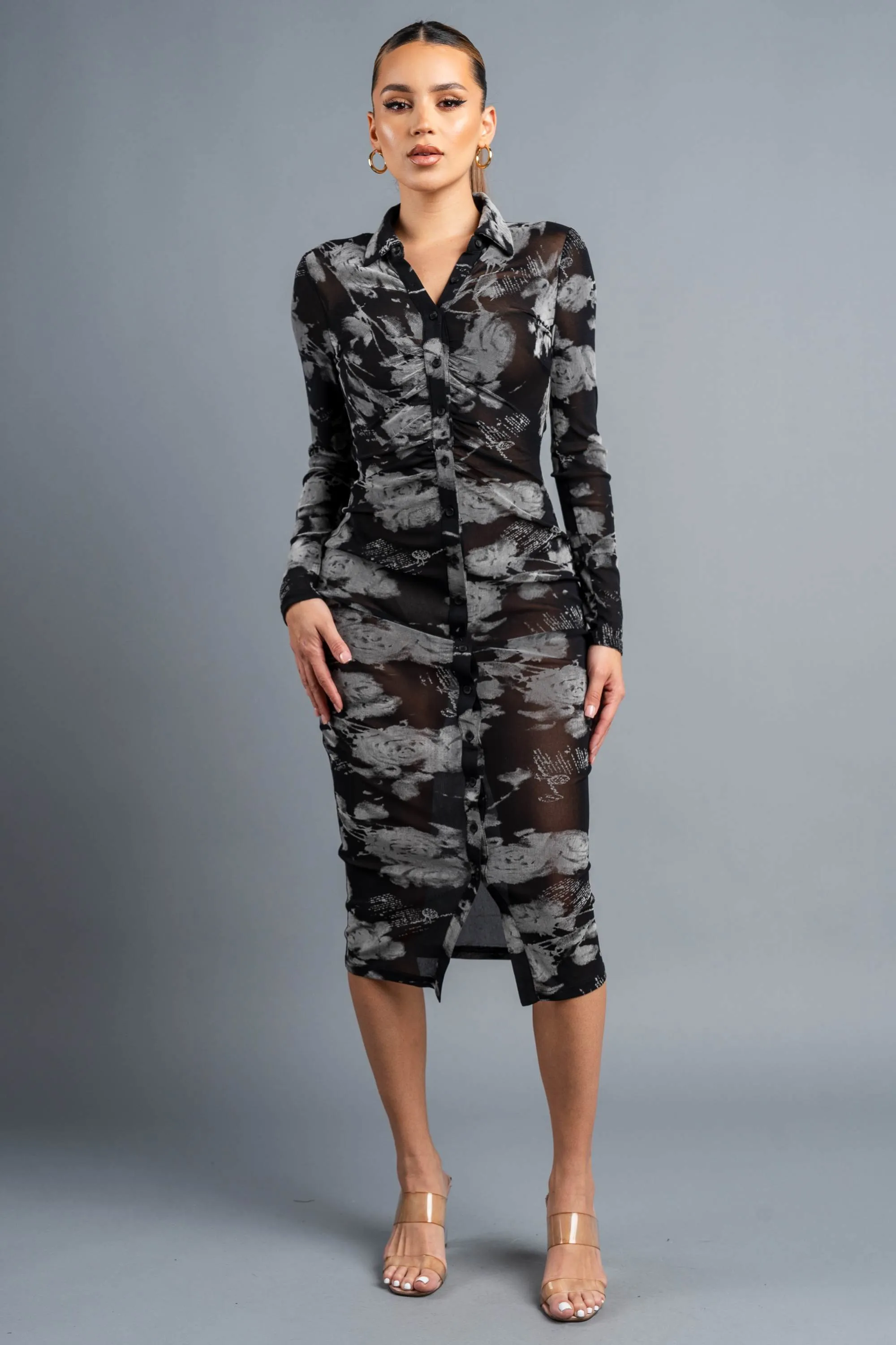 CHIC FLORAL FLOCKING MESH BUTTON DOWN MIDI DRESS