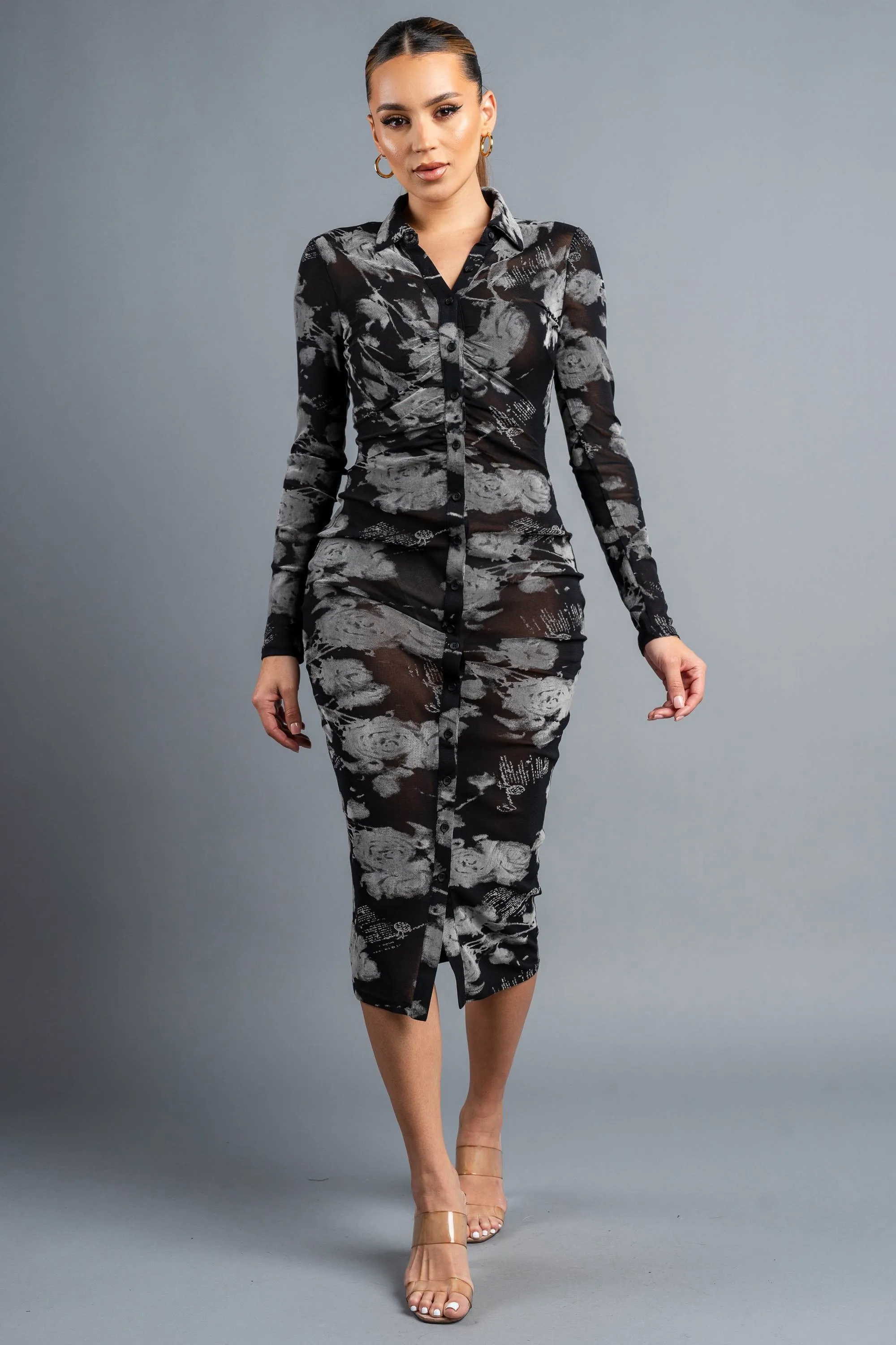 CHIC FLORAL FLOCKING MESH BUTTON DOWN MIDI DRESS
