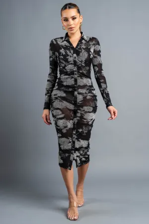 CHIC FLORAL FLOCKING MESH BUTTON DOWN MIDI DRESS