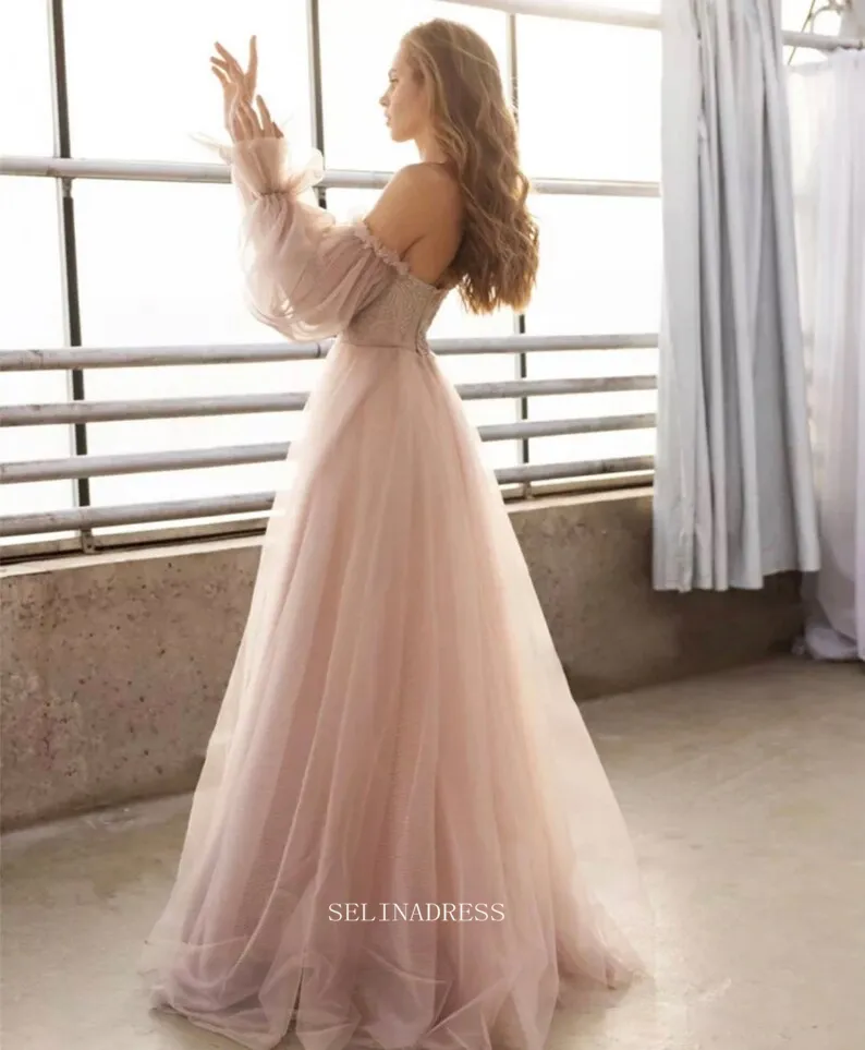 Chic Long Sleeve Off Shoulder Prom Dresses Pink Tulle Evening Dresses Formal Dress POL023