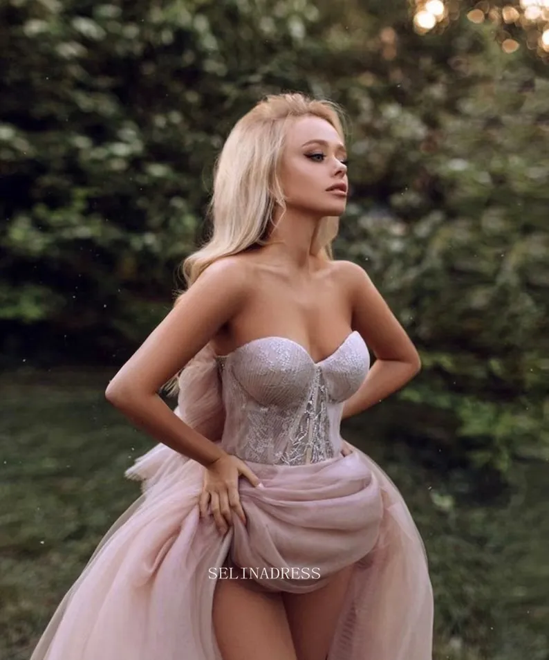Chic Long Sleeve Off Shoulder Prom Dresses Pink Tulle Evening Dresses Formal Dress POL023